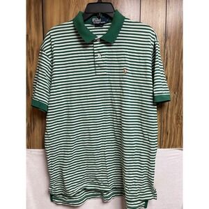 Vintage Polo Ralph Lauren Mens Green Striped Polo Shirt Short Sleeve Pony Flesh